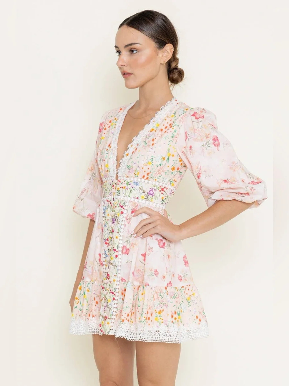 NWOT FORE Collection Floral Print Cotton Crochet Bubble Hem Sleeve Mini Dress - Picture 4 of 13